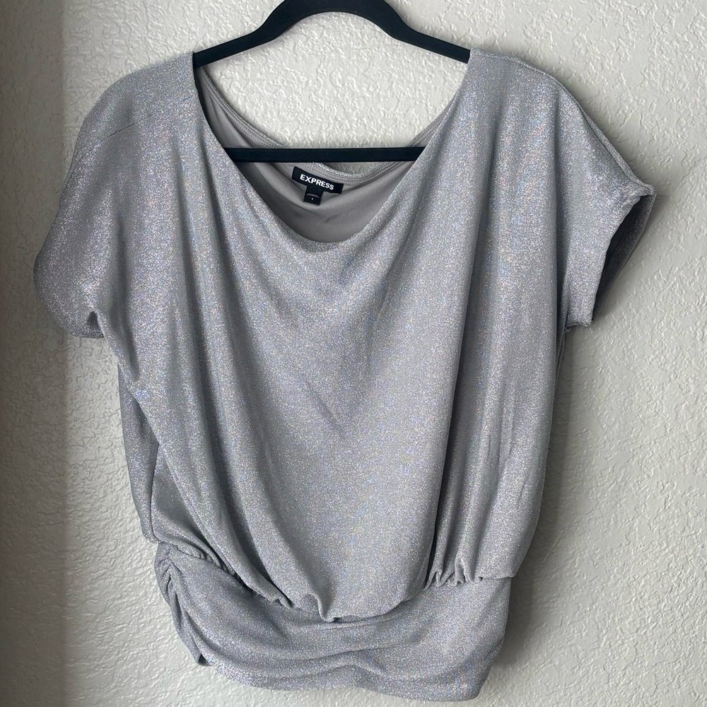 Express Women's Silver Sparkly Dolman Sleeve Ruched Top Small
